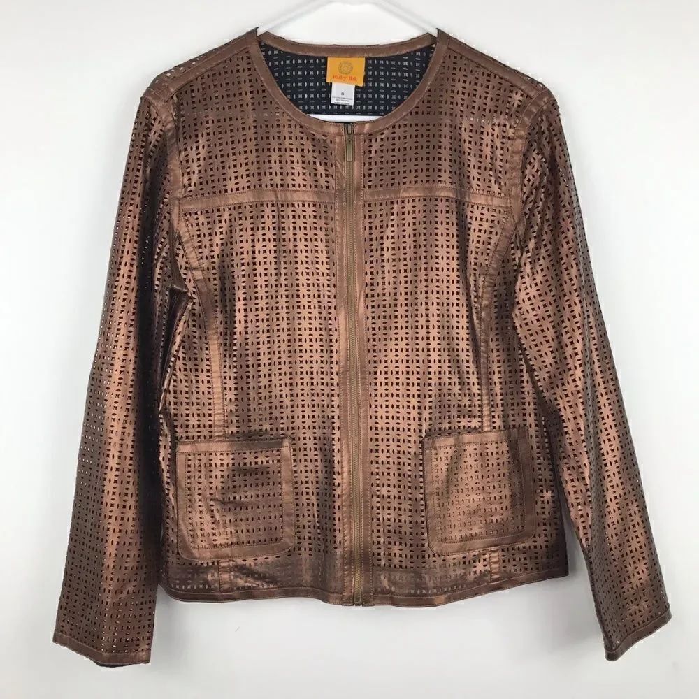 Ruby Rd. Metallic Bronze Laser Cut Lightweight Jacket - Picture 2 of 11
